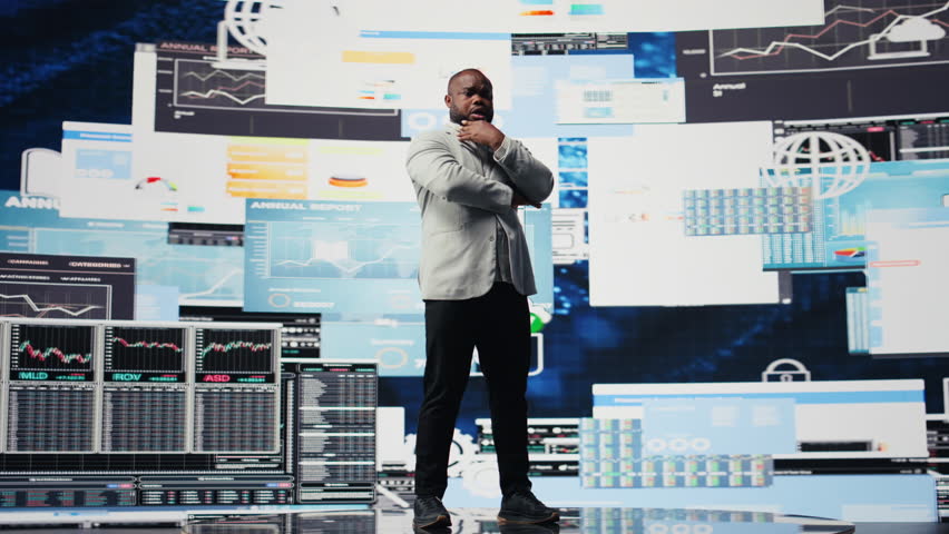 African american guy reflecting on annual financial reports for new development, reviewing the complexity of performance analysis with a focus on productivity and forecasting, AI tools. Camera A.