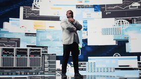 African american guy reflecting on annual financial reports for new development, reviewing the complexity of performance analysis with a focus on productivity and forecasting, AI tools. Camera A. - Powered by Shutterstock - Get 15% off with code: PIKWIZARD15