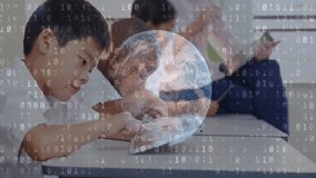 Boy tapping tablet activating globe and binary code graph, mother managing finances via smartphone. Technology, innovation, connectivity, digital, education, family, modern - Powered by Shutterstock - Get 15% off with code: PIKWIZARD15