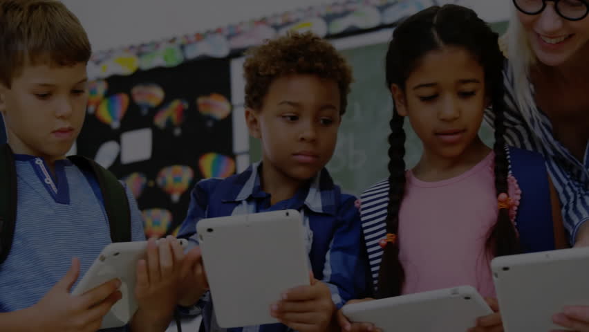 Children tapping tablets classroom, creating sparkles forming network world map as teacher guiding. Education, technology, collaboration, innovation, learning, wireless, digital - Powered by Shutterstock - Get 15% off with code: PIKWIZARD15