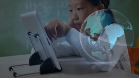 student tapping tablet screen activating data streams weaving around holographic globe in education. Futuristic, innovative, digital, learning, technology, immersive, vibrant - Powered by Shutterstock - Get 15% off with code: PIKWIZARD15