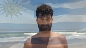 Shirtless man shifting, smiling on beach with ghosted flag overlay drifting by wind for travel ads. Beach, seascape, portrait, leisure, natural, vibrant, optimism - Powered by Shutterstock - Get 15% off with code: PIKWIZARD15