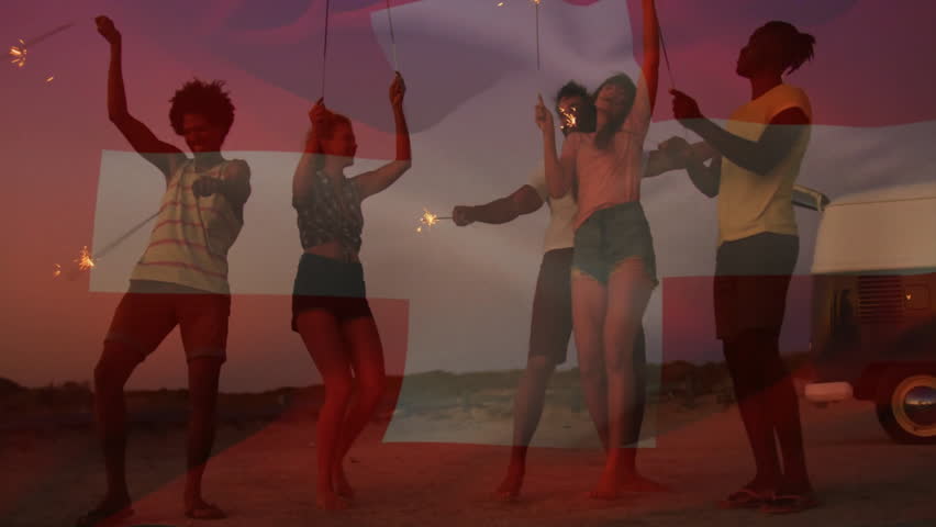 Entertainment friends celebrating by igniting sparklers beside vintage camper van as sky deepening. Celebration, camaraderie, nightlife, outdoor, joyful, adventure, vibrant