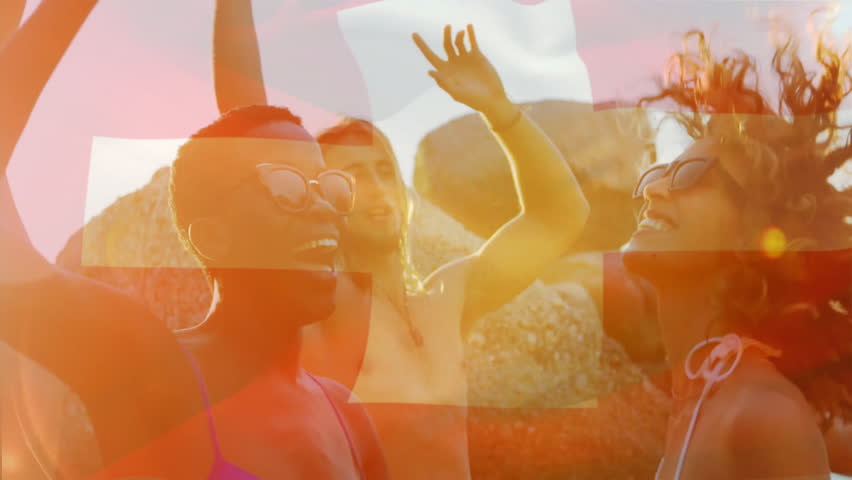 Overlay cross graphic pulsing over sea driving friends lifting arms wearing shades boosting travel. Voyage, camaraderie, adventure, vitality, landscape, lifestyle, outdoor