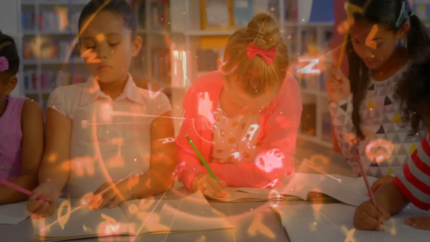 Four students opening notebooks and writing lesson notes in library, glowing letters swirling above. Students, education, learning, literacy, creativity, mentorship, academic