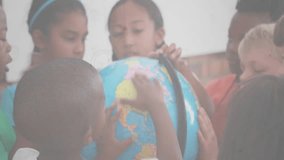 Students spinning globe in classroom and learning geography as network overlay fading in. Educational, teamwork, collaborative, diversity, exploration, interactive, visualization - Powered by Shutterstock - Get 15% off with code: PIKWIZARD15