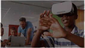 Teenage boy donning VR headset exploring red globe timeline in classroom while instructor assisting. Virtual reality, education, collaboration, innovation, technology, digital learning, youth - Powered by Shutterstock - Get 15% off with code: PIKWIZARD15