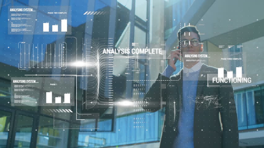 Businessman entering plaza and dialing smartphone, revealing scanning overlays completing analysis. Technology, digital, innovation, networking, corporate, futurism, communication