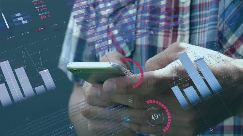 Man tapping smartphone screen and animating floating data visualizations for real time tech demo. Digital, analytics, modern, innovation, technology, interface, immersive