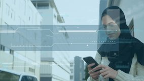 Woman tapping smartphone screen and activating animated data overlay for city technology demo. Urban, technology, futurism, connectivity, digital, innovation, modern - Powered by Shutterstock - Get 15% off with code: PIKWIZARD15