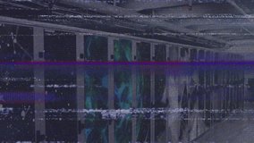 Glitch bands sweeping along server racks while LED boards pulsing illustrating system interference. Technology, cybersecurity, data, digital, industrial, maintenance, communication - Powered by Shutterstock - Get 15% off with code: PIKWIZARD15