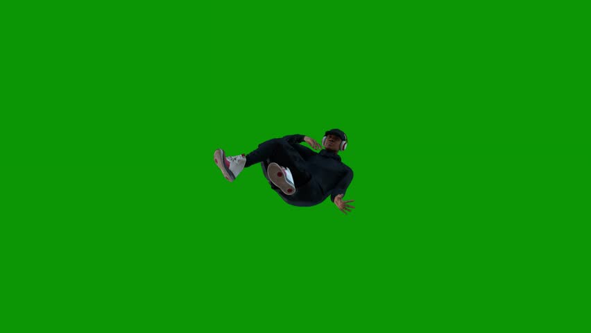 A man jumping in the air on green screen and skateboarder doing trick skateboard is flying through animated chromakey background motion gesture composition emotion scene frame depth