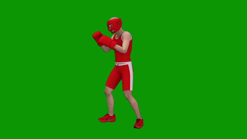 A boxer in red shorts and boxing gloves on green screen man suit is running white uniform shoes outfit shirt animated chromakey background elements colorful depth style design emotion