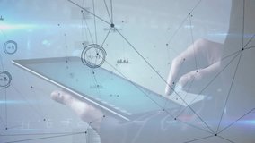 Professional hands tapping tablet screen activating pulsing UI rings visualizing global network. Technology, connectivity, innovation, futuristic, corporate, digital, network - Powered by Shutterstock - Get 15% off with code: PIKWIZARD15