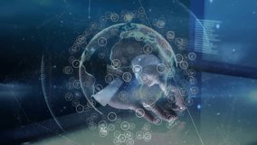 Entering hands holding 3D globe, rotating globe revealing nodes, activating scan for visualization. Technology, innovation, data visualization, virtual interface, digital transformation, business - Powered by Shutterstock - Get 15% off with code: PIKWIZARD15