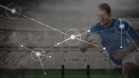 Male rugby athlete running with glowing data nodes mapping motion and crossing tryline. Sports, analytics, digital, motion, performance, futuristic, competition - Powered by Shutterstock - Get 15% off with code: PIKWIZARD15