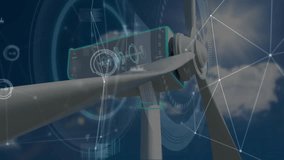 System activating interface, turbine rotating blades and pulsing gauges for performance monitoring. Renewable, energy, technology, futuristic, innovation, data, digital - Powered by Shutterstock - Get 15% off with code: PIKWIZARD15