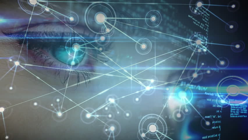 security system scanning woman eye, projecting reticle network nodes code and flares. Biometric, cybersecurity, digital, futuristic, innovation, technology, surveillance - Powered by Shutterstock - Get 15% off with code: PIKWIZARD15