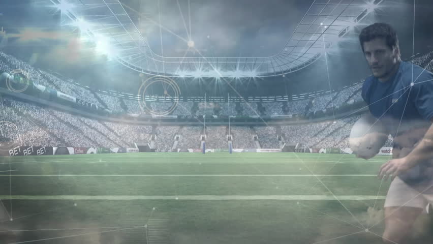 Rugby player sprinting toward goal line holding ball with digital overlays and diving scoring try. Athlete, competition, realism, energetic, outdoor, motion, intensity - Powered by Shutterstock - Get 15% off with code: PIKWIZARD15