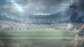 Rugby player sprinting toward goal line holding ball with digital overlays and diving scoring try. Athlete, competition, realism, energetic, outdoor, motion, intensity - Powered by Shutterstock - Get 15% off with code: PIKWIZARD15