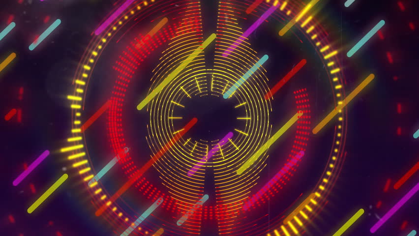 Glowing ring forming START fading rotating diamond pulsing waveform animating squares sliding bars. Futuristic, digital, abstract, neon, motion, technology, vibrant