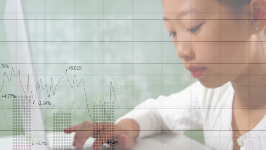 Girl tapping keyboard spawning translucent grid and rising falling line charts for data analysis. Technology, data, analytics, education, innovation, minimalism, focus - Powered by Shutterstock - Get 15% off with code: PIKWIZARD15