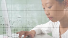 Girl tapping keyboard spawning translucent grid and rising falling line charts for data analysis. Technology, data, analytics, education, innovation, minimalism, focus - Powered by Shutterstock - Get 15% off with code: PIKWIZARD15