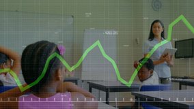 Teacher scrolling tablet animating graph in classroom while students shifting and following trend. Education, learning, technology, student, classroom, analysis, engagement - Powered by Shutterstock - Get 15% off with code: PIKWIZARD15