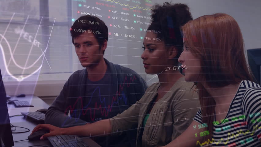 Finance team responding to translucent graph overlay and evaluating percentage metrics in workspace. Collaborative, analytical, technology, business, data visualization, teamwork, modern - Powered by Shutterstock - Get 15% off with code: PIKWIZARD15