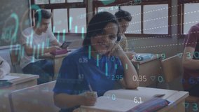 Teenage girl writing notes while peers using tablet and finance charts fading in showing metrics. Education, collaboration, technology, analysis, development, youth, innovation - Powered by Shutterstock - Get 15% off with code: PIKWIZARD15