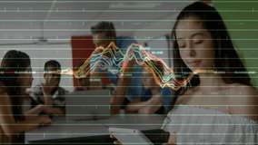 Teenage girl tapping tablet during class activating waveform visuals while teacher leading group. Education, collaboration, technology, innovation, digital, learning, youth - Powered by Shutterstock - Get 15% off with code: PIKWIZARD15