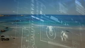 Grid fading in initiating holographic interface over seaside with radar globe charts for data view. Futuristic, digital, visualization, technology, ocean, analytics, immersive - Powered by Shutterstock - Get 15% off with code: PIKWIZARD15
