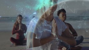 Faint lights drifting into view over yoga trio deepening meditation with stars, Earth globe overlay. Meditation, harmony, serenity, cosmic, mindfulness, relaxation, wellness - Powered by Shutterstock - Get 15% off with code: PIKWIZARD15