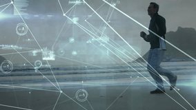 Runner stepping into beach view activating floating nodes connecting limbs and tracking run metrics. Athletics, fitness, technology, innovation, outdoor, motivation, health - Powered by Shutterstock - Get 15% off with code: PIKWIZARD15