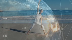 Woman initiating beach yoga flow by engaging digital globe overlay, shifting data mesh for fitness. Fitness, wellness, mindfulness, technology, serenity, harmony, vitality - Powered by Shutterstock - Get 15% off with code: PIKWIZARD15