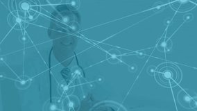 Doctor observing medical network overlay emerging from glowing node illustrating data links. Healthcare, technology, innovation, digital, professionalism, analysis, connectivity - Powered by Shutterstock - Get 15% off with code: PIKWIZARD15