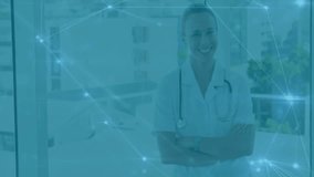 Doctor watching grid forming pulsing network highlighting stethoscope for digital health connection. Healthcare, technology, innovation, professionalism, futurism, connectivity, communication - Powered by Shutterstock - Get 15% off with code: PIKWIZARD15