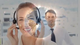Female agent adjusting headset and speaking as 3D globe emerging showing global customer support. Customer service, teamwork, communication, digital, technology, professionalism, modern - Powered by Shutterstock - Get 15% off with code: PIKWIZARD15
