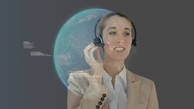 Support agent adjusting headset and helping caller with animating globe and data streams. Technology, communication, digital, innovation, professionalism, customer service, futuristic - Powered by Shutterstock - Get 15% off with code: PIKWIZARD15