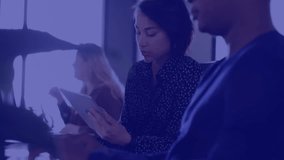 Center woman lifting tablet initiating map overlay team swiping, studying clusters business meeting. Technology, collaboration, data visualization, digital interface, modern office, teamwork, - Powered by Shutterstock - Get 15% off with code: PIKWIZARD15