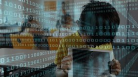 Child inspecting tablet screen and raising head in class, binary overlay illustrating edtech growth. Technology, education, innovation, learning, digital, classroom, concept - Powered by Shutterstock - Get 15% off with code: PIKWIZARD15