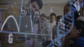 Teenagers opening laptop in lab and confirming DNA pairing with animated helix, chromatogram peaks. Education, teamwork, innovation, technology, scientific, discovery, youth - Powered by Shutterstock - Get 15% off with code: PIKWIZARD15