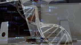 Scientist stepping and tapping tablet triggered by DNA helix with code overlay analyzing gene data. Biotechnology, innovation, futuristic, analytics, scientific, digital, technology - Powered by Shutterstock - Get 15% off with code: PIKWIZARD15