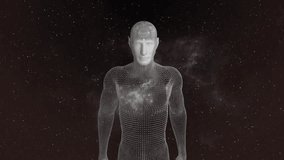 Bright flare emerging left side moving across mesh humanoid revealing detailed lattice form. Abstract, digital, cosmic, luminous, futuristic, technology, science - Powered by Shutterstock - Get 15% off with code: PIKWIZARD15