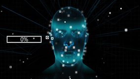 Loading bar advancing triggers wireframe head rotating front to back while nodes growing for scan. Technology, artificial intelligence, futurism, digital, innovation, cybernetic, data visualization - Powered by Shutterstock - Get 15% off with code: PIKWIZARD15