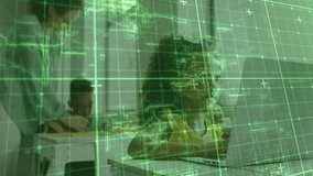 Green grid overlay fading, teacher guiding boy writing on tablet and girl using laptop for learning. Education, technology, innovation, classroom, digital, learning, collaboration - Powered by Shutterstock - Get 15% off with code: PIKWIZARD15