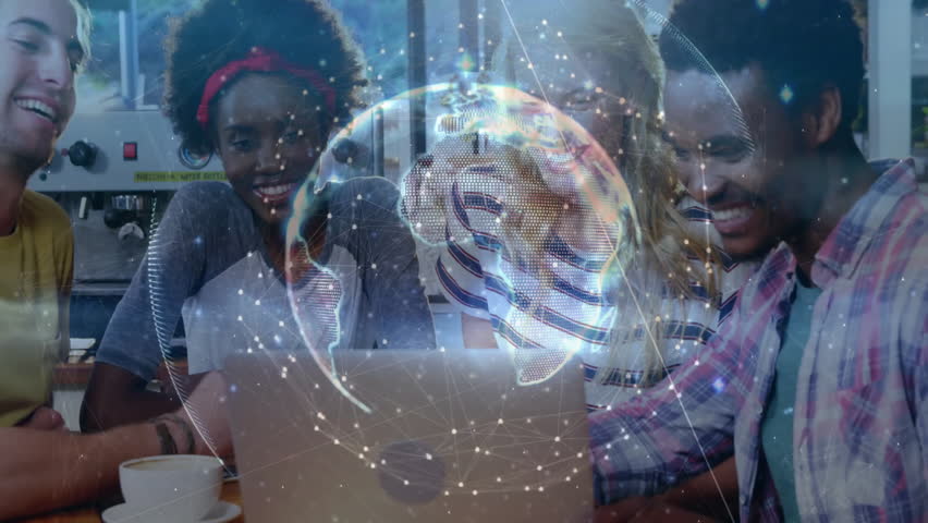 Colleagues leaning into laptop and causing shimmer revealing rotating 3D globe radiating tech data. Collaboration, innovation, futuristic, digital, technology, teamwork, co-working