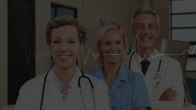 Medical team watching green ECG waveform sliding from left edge tracing peaks for heart monitoring. Healthcare, diagnostics, teamwork, professionalism, technology, clinical, wellness - Powered by Shutterstock - Get 15% off with code: PIKWIZARD15