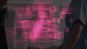 Doctor initiating greeting handshake with nurse at hospital corridor showing pink code overlay. Collaboration, teamwork, healthcare, professionalism, communication, digital, innovation - Powered by Shutterstock - Get 15% off with code: PIKWIZARD15