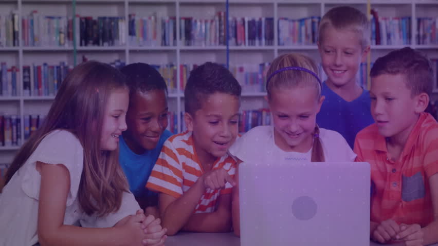 Six students watching laptop in library as animated bar and line charts appearing for education. Learning, teamwork, education, data visualization, youthful, collaboration, innovation